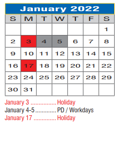 District School Academic Calendar for Denton Co J J A E P for January 2022