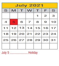 District School Academic Calendar for Providence Elementary for July 2021