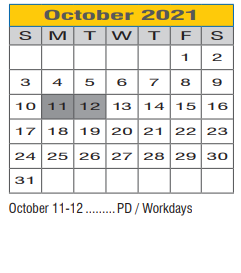 District School Academic Calendar for Denton Co J J A E P for October 2021