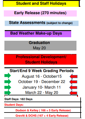 District School Academic Calendar Legend for Kelley/Dodson Elementary