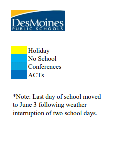 District School Academic Calendar Legend for Des Moines Central Campus