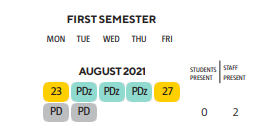 District School Academic Calendar for Robinson Middle School for August 2021