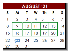 District School Academic Calendar for Bigfoot Alter Ctr for August 2021