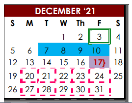 District School Academic Calendar for Bigfoot Alter Ctr for December 2021