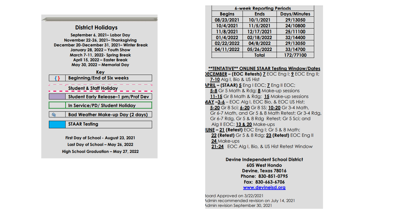 District School Academic Calendar Key for Devine Middle School