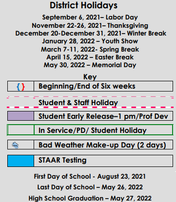 District School Academic Calendar Legend for Devine Middle School