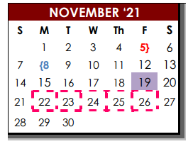 District School Academic Calendar for Bigfoot Alter Ctr for November 2021