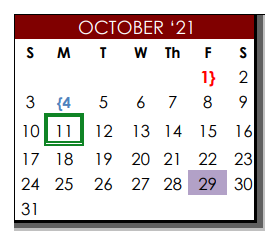 District School Academic Calendar for Bigfoot Alter Ctr for October 2021