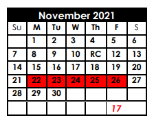 District School Academic Calendar for Deweyville Middle for November 2021