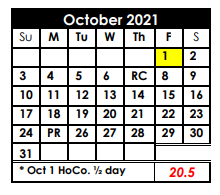 District School Academic Calendar for Deweyville High School for October 2021
