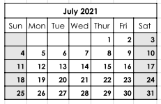 District School Academic Calendar for Diboll Junior High for July 2021