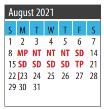 District School Academic Calendar for R D Mcadams Junior High for August 2021