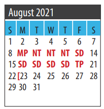 District School Academic Calendar for Galveston Co J J A E P for August 2021