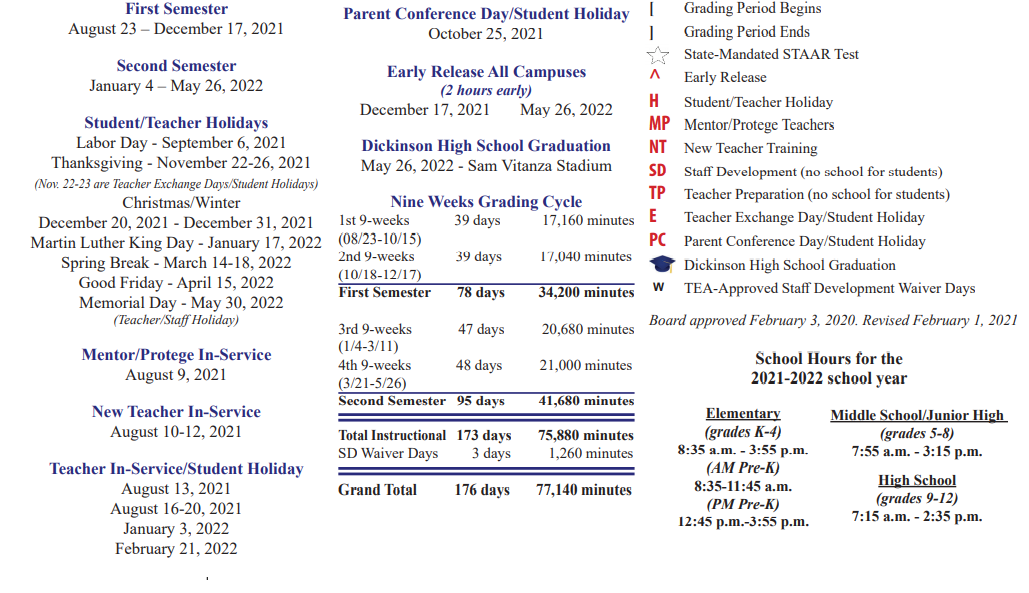 District School Academic Calendar Key for San Leon Elementary