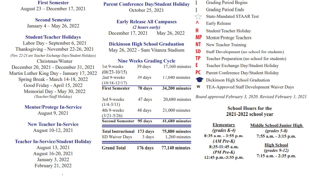 District School Academic Calendar Key for About Face