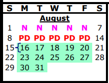 District School Academic Calendar for Alternative Center for August 2021