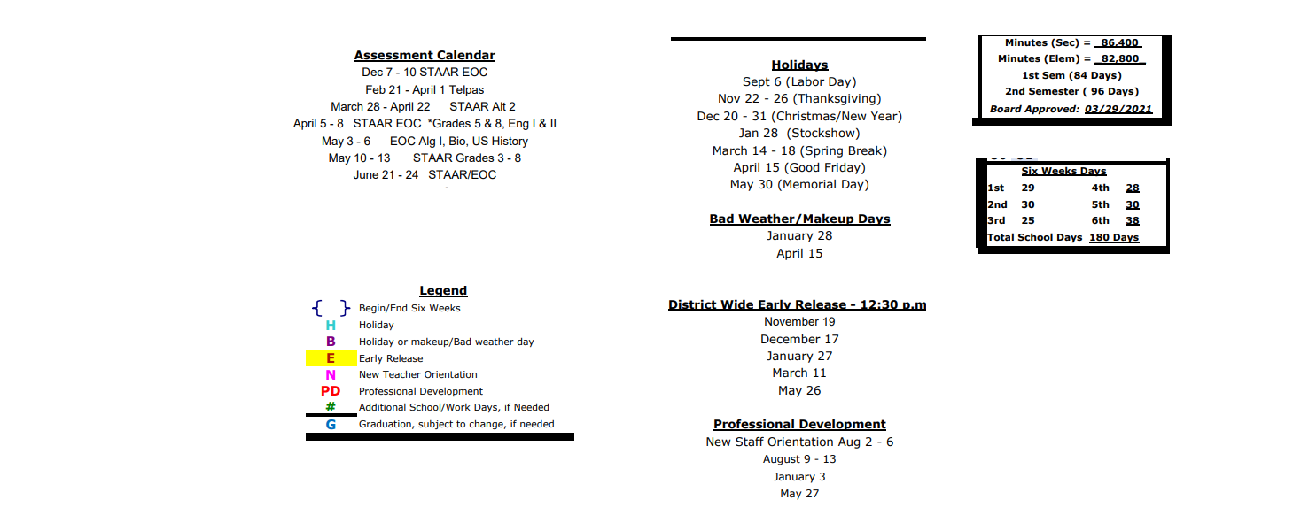 District School Academic Calendar Key for Alternative Center