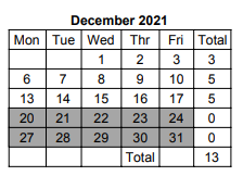 District School Academic Calendar for Chippewa Middle School for December 2021