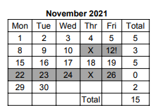 District School Academic Calendar for Central Elem School for November 2021