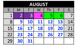 District School Academic Calendar for Plum Creek Academy for August 2021