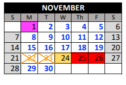 District School Academic Calendar for Plum Creek Academy for November 2021
