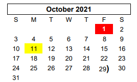 District School Academic Calendar for Green Acres El for October 2021