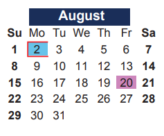 District School Academic Calendar for Grace R Brandenburg Intermediate for August 2021