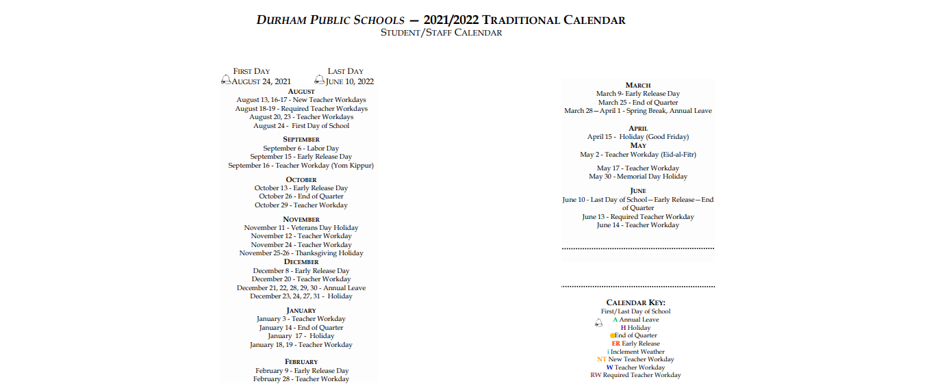 District School Academic Calendar Key for Bethesda Elementary