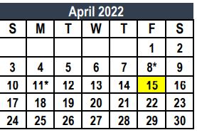 District School Academic Calendar for Weldon Hafley Development Center for April 2022