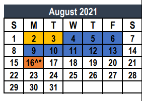 District School Academic Calendar for Weldon Hafley Development Center for August 2021