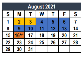 District School Academic Calendar for Tarrant Co J J A E P for August 2021