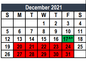 District School Academic Calendar for Weldon Hafley Development Center for December 2021