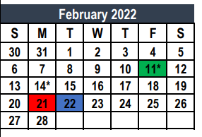 District School Academic Calendar for Weldon Hafley Development Center for February 2022