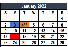 District School Academic Calendar for Weldon Hafley Development Center for January 2022