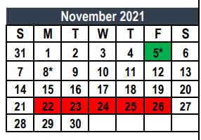 District School Academic Calendar for Weldon Hafley Development Center for November 2021