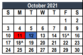 District School Academic Calendar for Weldon Hafley Development Center for October 2021