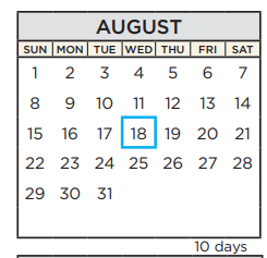 District School Academic Calendar for Barton Creek Elementary for August 2021
