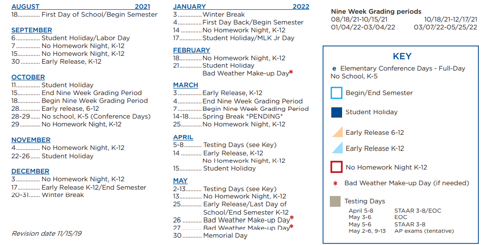 District School Academic Calendar Key for Eanes Elementary