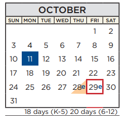 District School Academic Calendar for Cedar Creek Elementary for October 2021