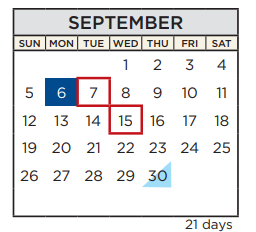 District School Academic Calendar for Cedar Creek Elementary for September 2021