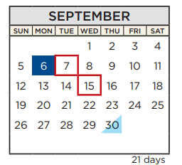 District School Academic Calendar for Travis Co J J A E P for September 2021