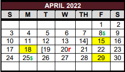 District School Academic Calendar for East Bernard Elementary for April 2022