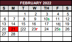 District School Academic Calendar for East Bernard Elementary for February 2022