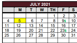 District School Academic Calendar for East Bernard Junior High for July 2021