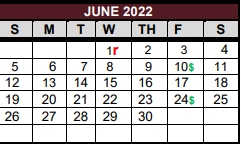 District School Academic Calendar for East Bernard Elementary for June 2022