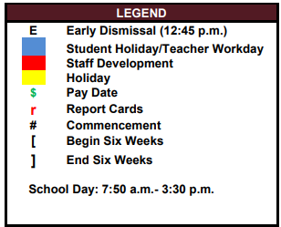 District School Academic Calendar Legend for East Bernard Elementary