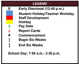 District School Academic Calendar Legend for East Bernard High School