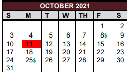 District School Academic Calendar for East Bernard Elementary for October 2021
