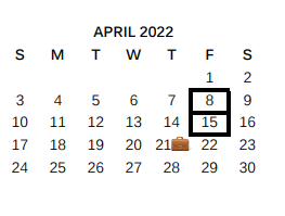 District School Academic Calendar for Bexar Co J J A E P for April 2022