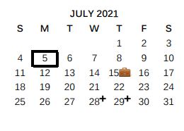 District School Academic Calendar for East Central Dev Ctr for July 2021